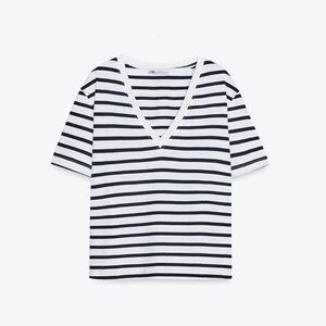 Black and White Striped V-Neck T-Shirt